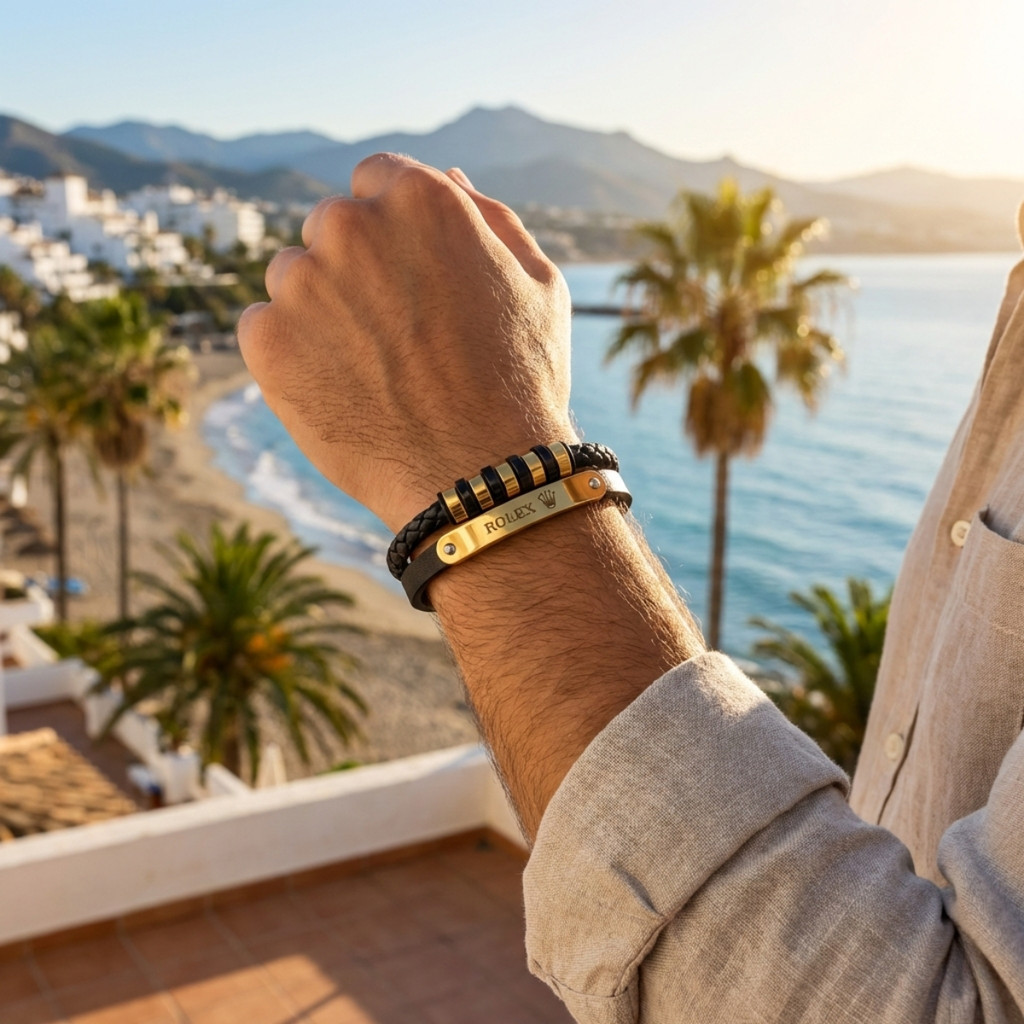 Premium Braided Leather and Stainless Steel Bracelet – 18K Gold Plated – Made in Spain