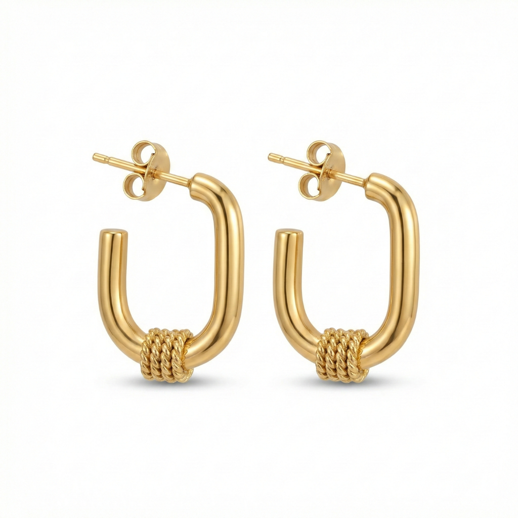 Square Hoop Earrings with Textured Detail 100% 18K Gold Plated Steel
