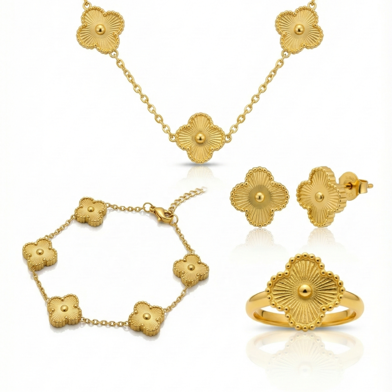 Conjunto de Joyería Trébol Texturizado 100% Acero Bañado en Oro 18K