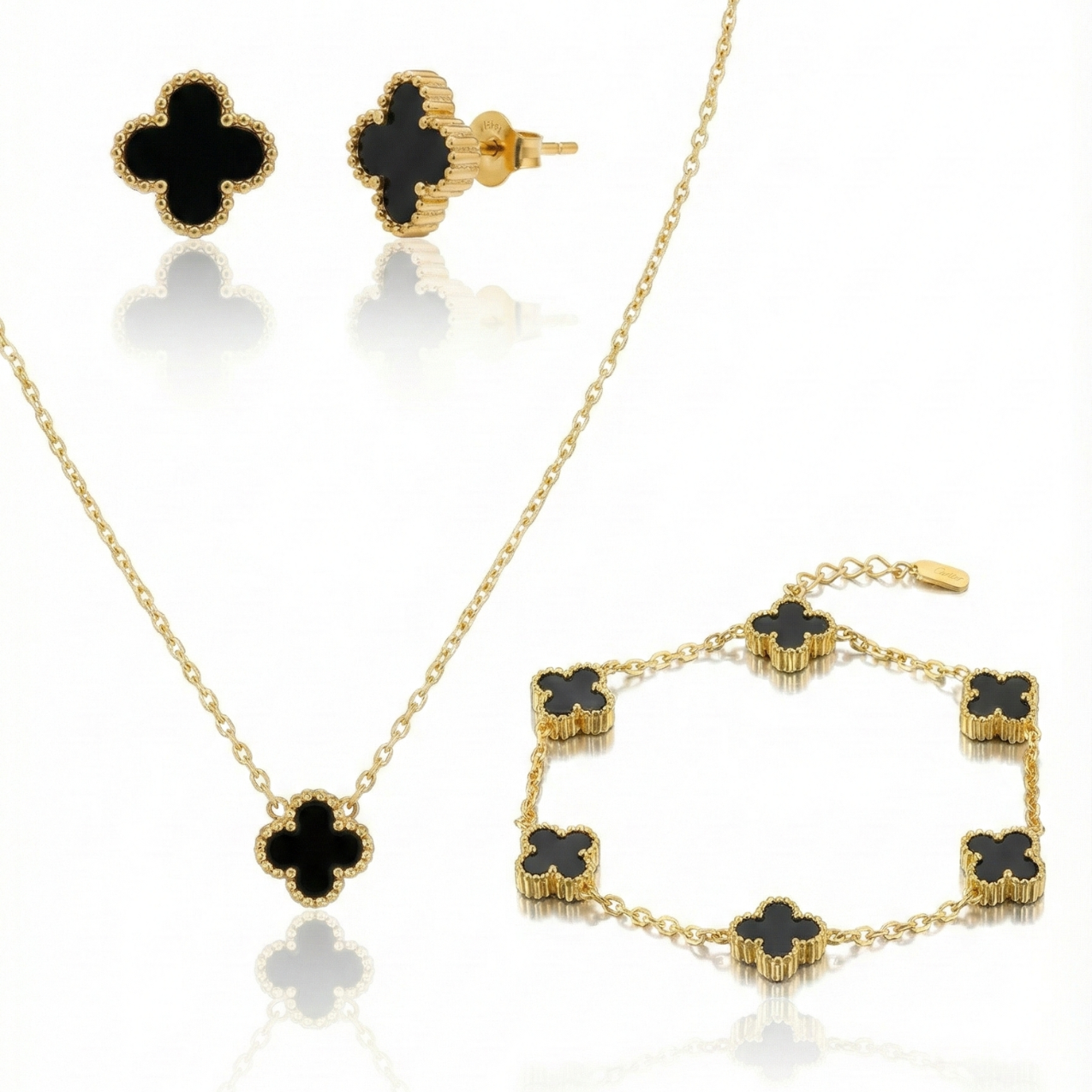 Conjunto de Joyería Trébol Negro 100% Acero Bañado en Oro 18K