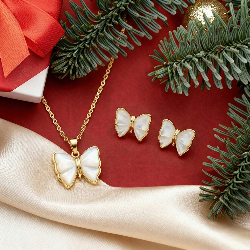 Ensemble collier et boucles d'oreilles papillon en nacre - 100 % acier plaqué or 18 carats