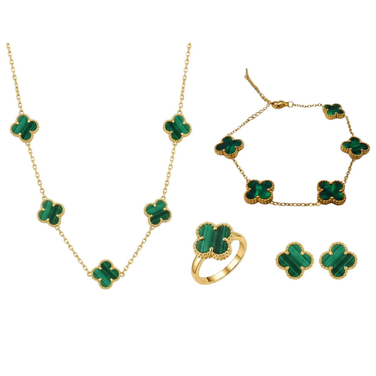 Conjunto de Joyería Tréboles Malaquita y Nácar 100% Acero Bañado en Oro 18K