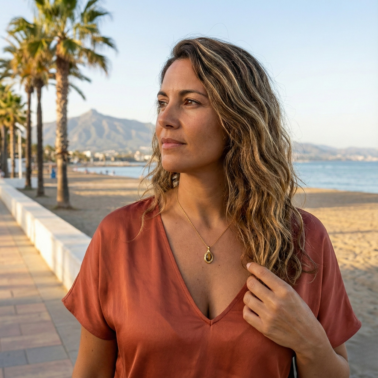 Collar Cadena Fina con Dije Ovalado de Ojo de Tigre y Acero Chapado en Oro 18K