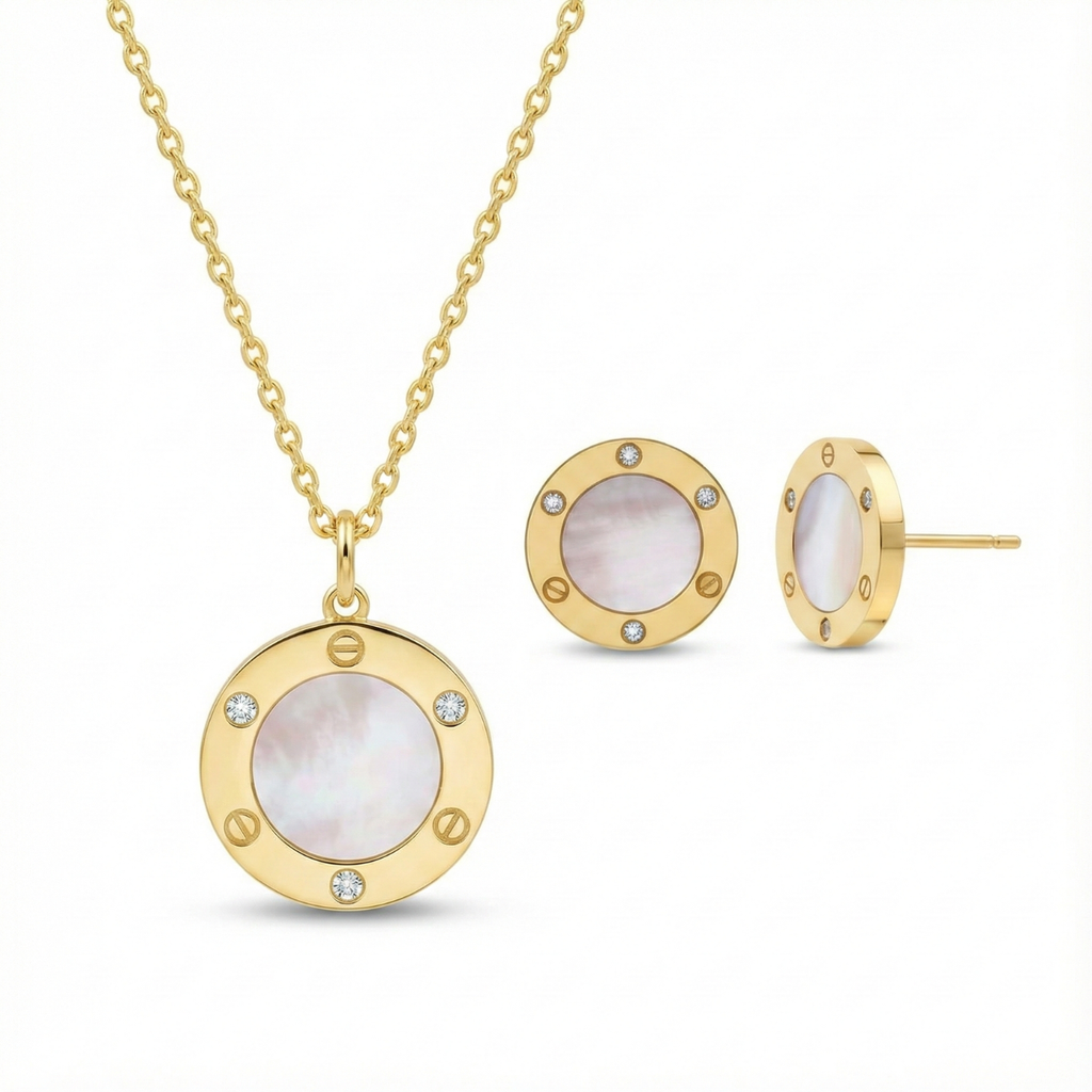 Ensemble collier et boucles d'oreilles ronds en acier plaqué or 18 carats