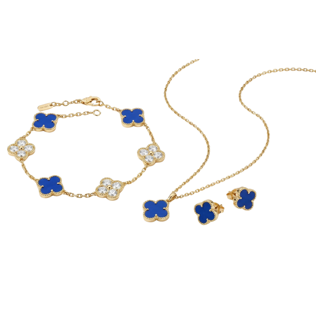 Parure de bijoux en trèfle bleu et zircone, 100 % acier plaqué or 18 carats