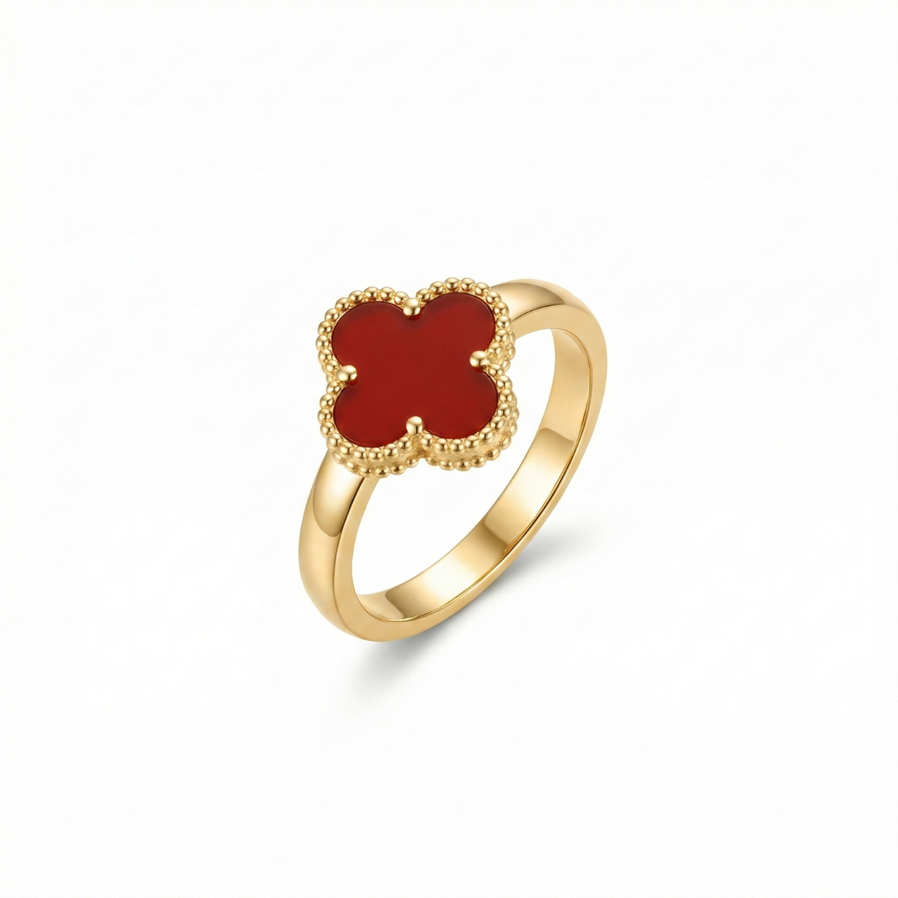 Anillo de Trébol Rojo con Borde Perlado 100% Acero Bañado en Oro 18K