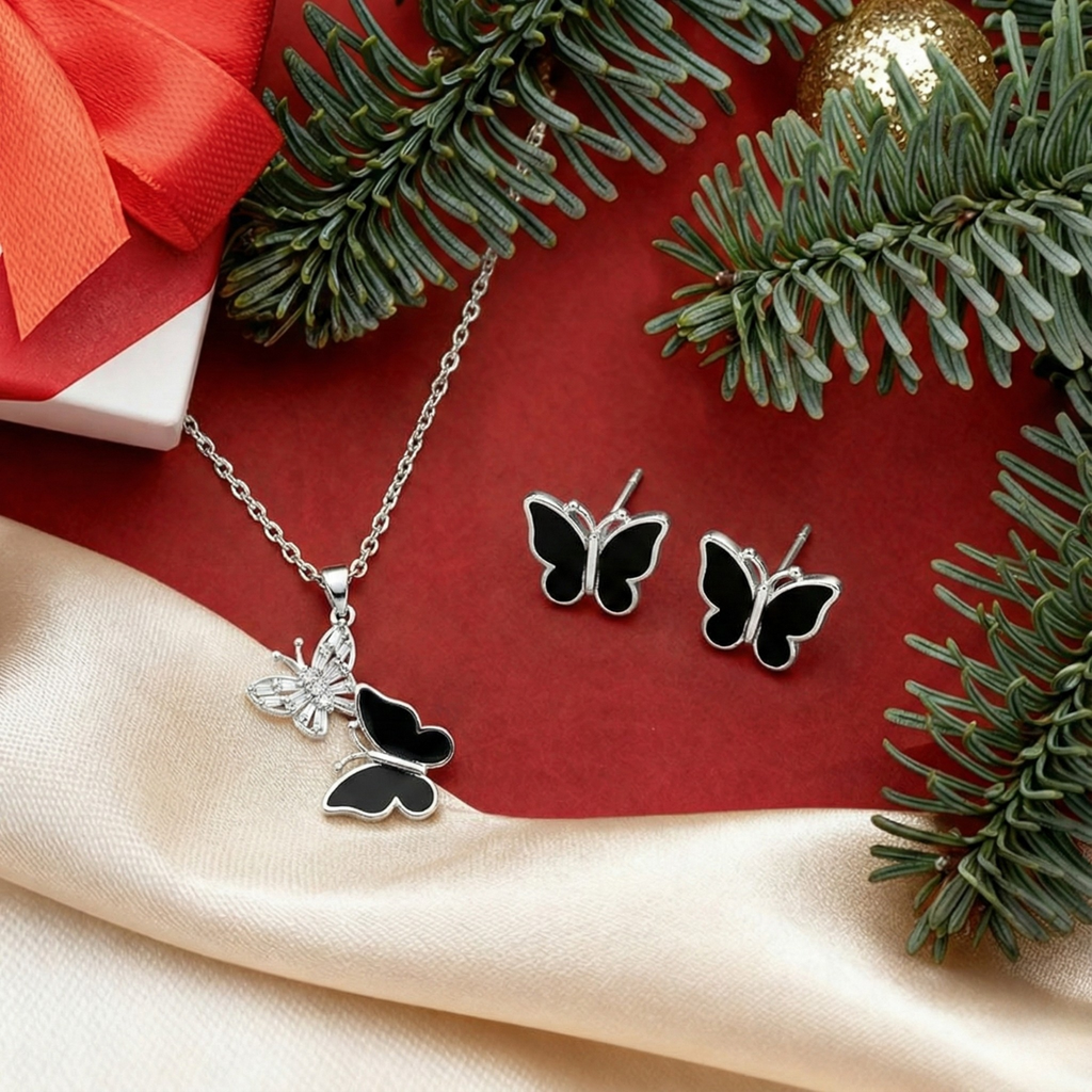 Conjunto Collar con Mariposas Bicolor y Pendientes Esmaltados - 100% Acero Bañado en Rodio