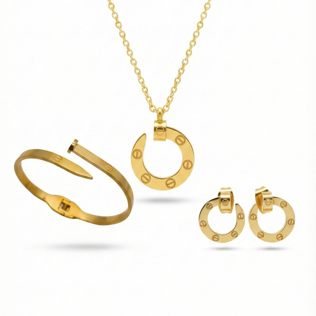 Parure de bijoux circulaire avec détails gravés, 100 % acier plaqué or 18 carats