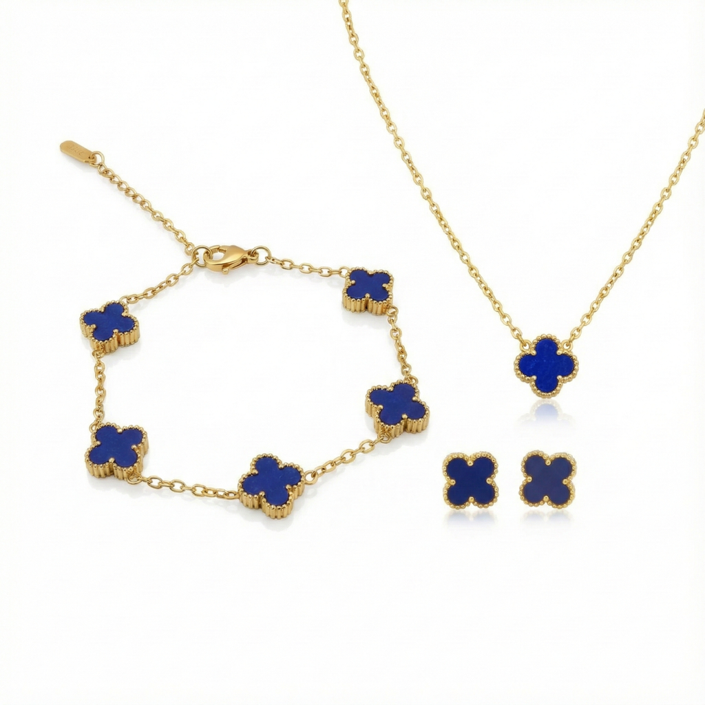 Conjunto de Joyería Trébol Azul Zafiro 100% Acero Bañado en Oro 18K