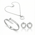 Conjunto de Joyería Círculo con Detalles de Tornillo y Circonitas 100% Acero Inoxidable Color Plata