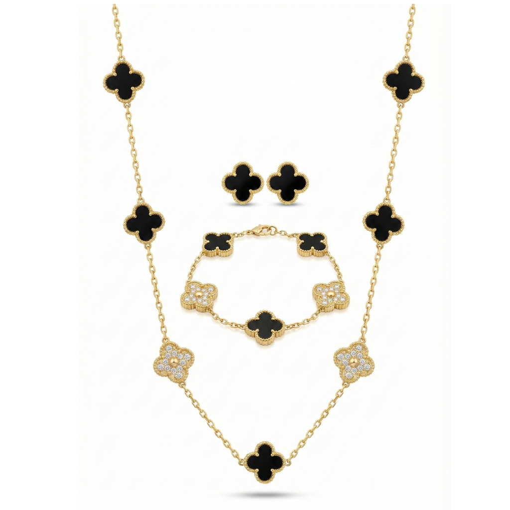 Ensemble de luxe en acier plaqué or 18 carats orné de trèfles noirs et de zirconiums cubiques