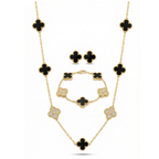 Ensemble de luxe en acier plaqué or 18 carats orné de trèfles noirs et de zirconiums cubiques