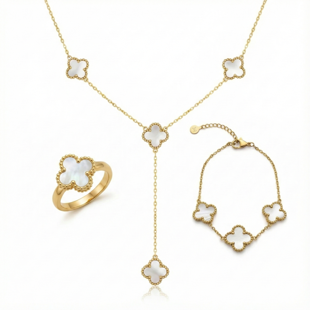 Parure de bijoux en nacre blanche avec collier en Y, 100 % acier plaqué or 18 carats