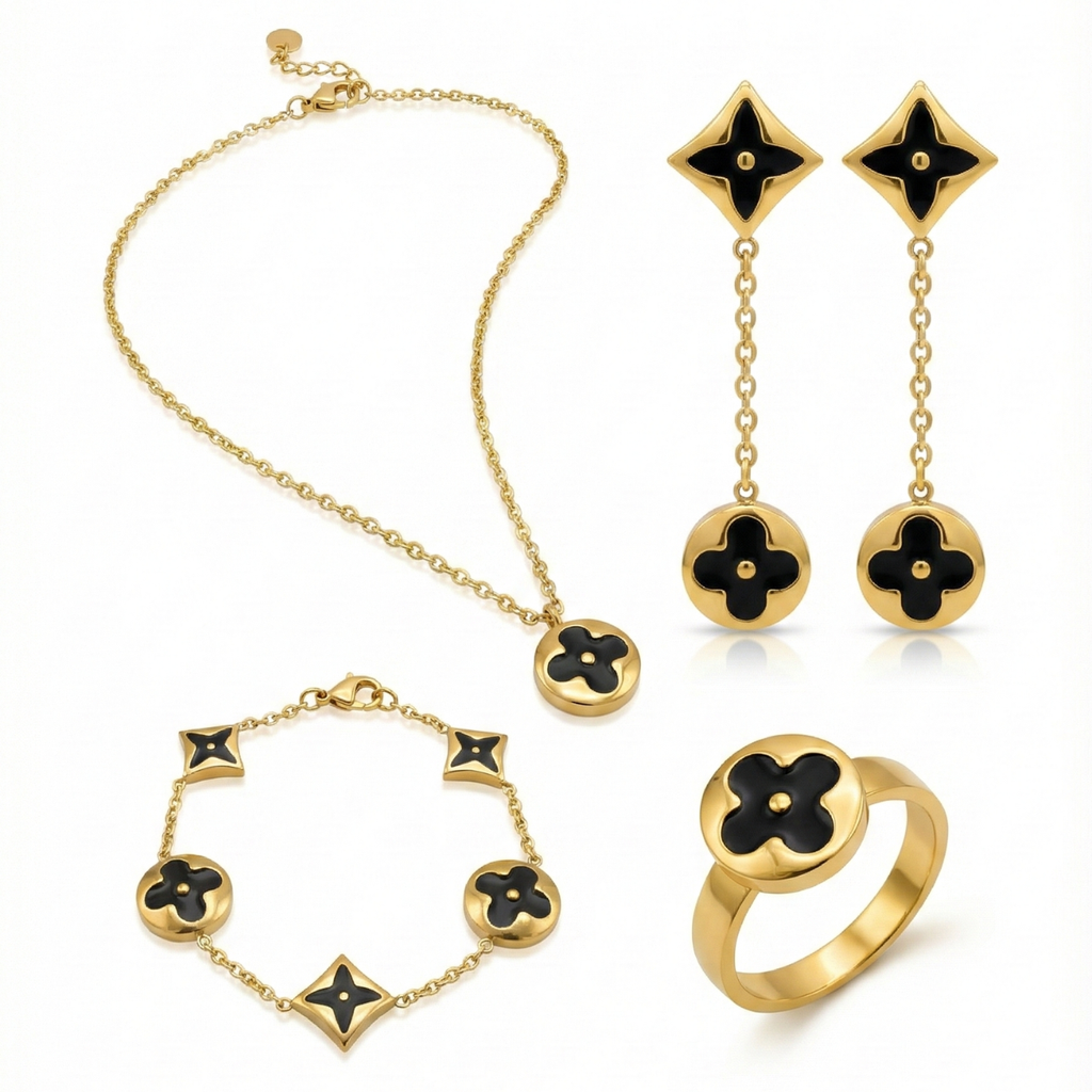 Ensemble élégant en forme de cœur noir - Acier plaqué or 18 carats