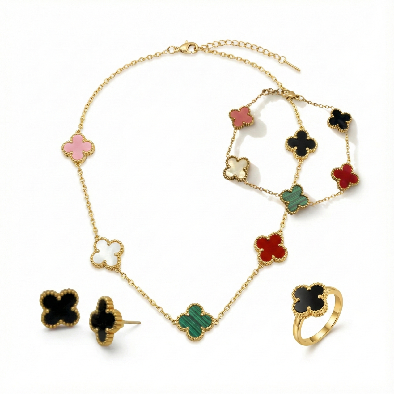 Trèfle à quatre feuilles multicolore de luxe (collier, boucles d'oreilles, bracelet et bague, taille unique) - 100 % acier plaqué or 18 carats