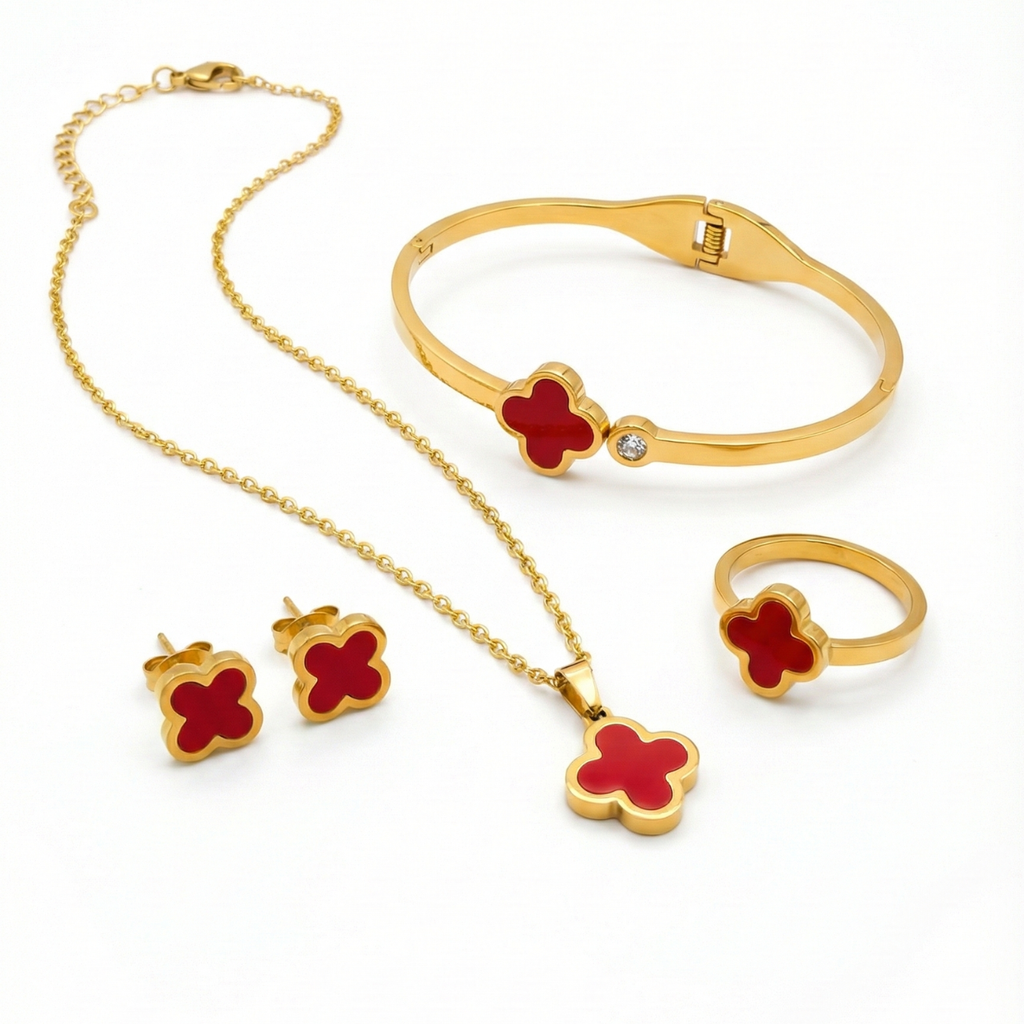 Conjunto Completo Trébol de la Suerte Rojo - Acero Bañado en Oro 18K