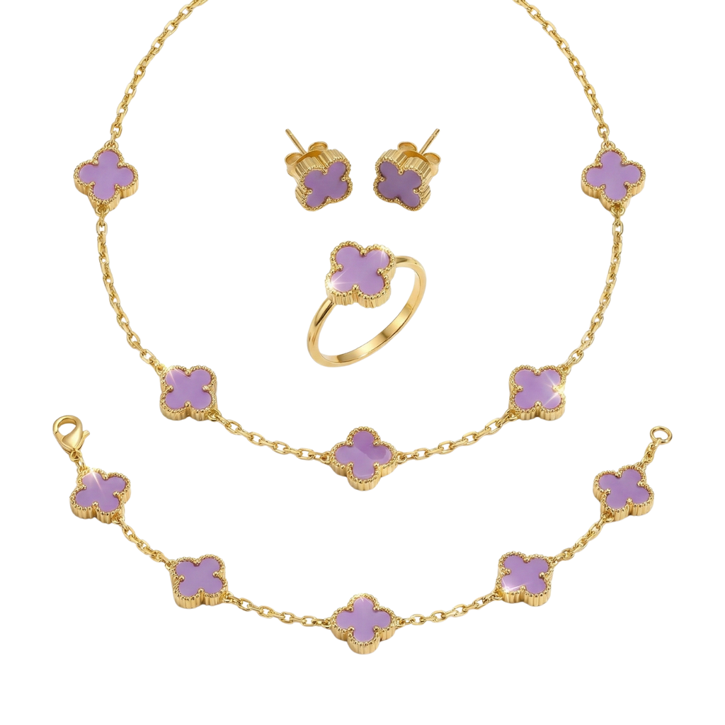 Ensemble complet en acier plaqué or 18 carats avec trèfles violets