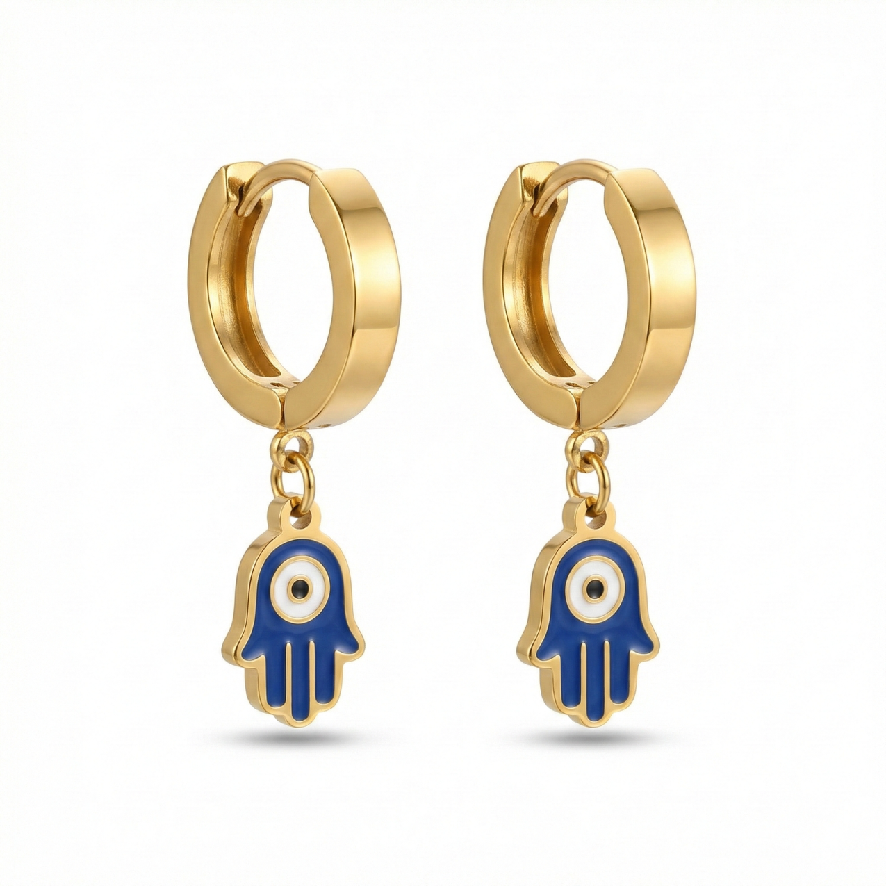Hoop Earrings with Hand of Fatima Pendant - 100% 18K Gold Plated Steel