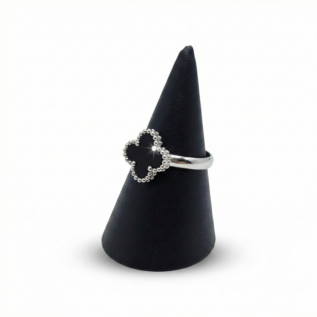 Adjustable Four-Leaf Clover Ring with Beaded Edge - Rhodium-Plated Stainless Steel
