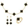 Ensemble de luxe Lucky Clover noir (collier en Y) - Acier plaqué or 18 carats
