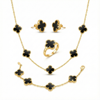 Conjunto de Joyería Trébol Negro 100% Acero Bañado en Oro 18K