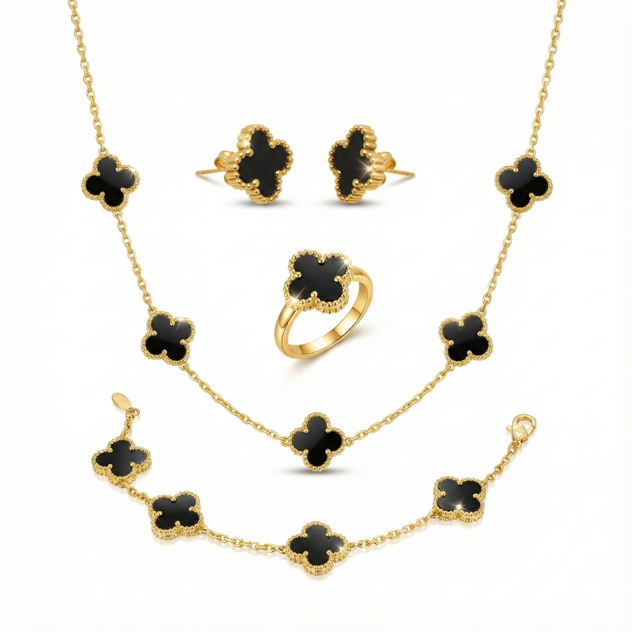 Conjunto de Joyería Trébol Negro 100% Acero Bañado en Oro 18K