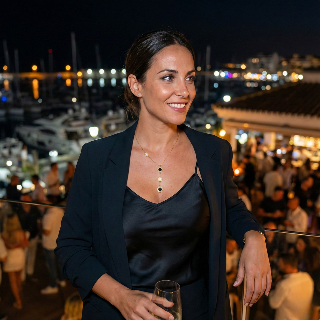 Collier Lariat avec cercles en nacre, chiffres noirs et romains, 100 % acier plaqué or 18 carats