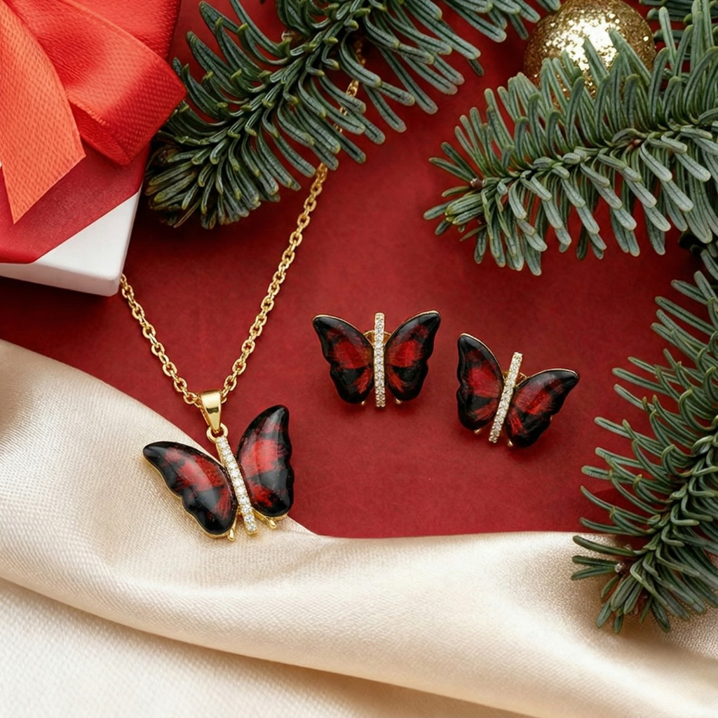 Conjunto Collar y Pendientes de Mariposa con Alas Esmaltadas Rojas y Circonitas - 100% Acero Bañado en Oro 18K