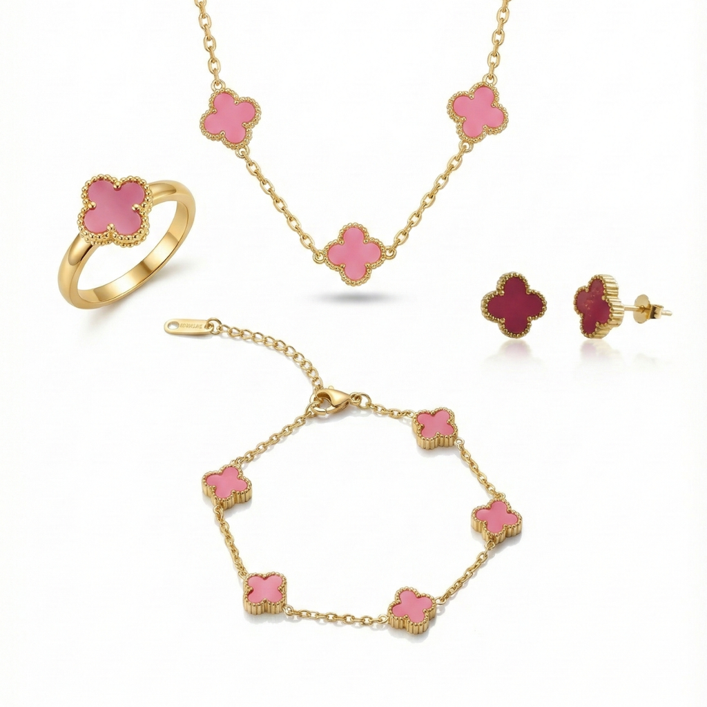 Conjunto de Joyería Trébol Rosa Fucsia 100% Acero Bañado en Oro 18K