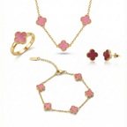 Conjunto de Joyería Trébol Rosa Fucsia 100% Acero Bañado en Oro 18K