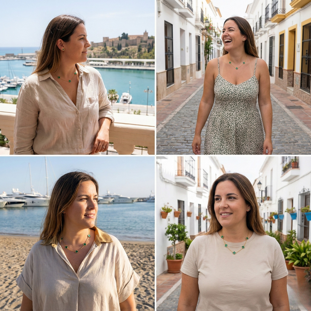 Collier en malachite verte et trèfle, 100 % acier plaqué or 18 carats