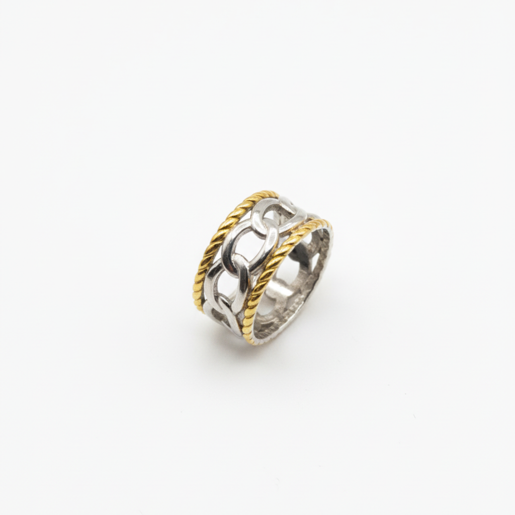 Wide Two-Tone Ring with Links and Braided Edge 100% Steel (Silver and 18K Gold Plated)