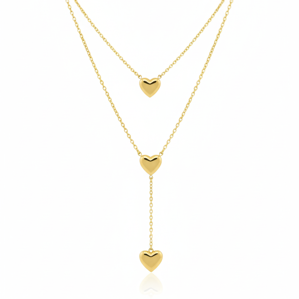 Collier double rang avec pendentif cœurs style sautoir, 100 % acier plaqué or 18 carats