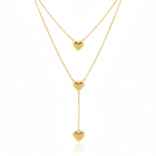 Collier double rang avec pendentif cœurs style sautoir, 100 % acier plaqué or 18 carats