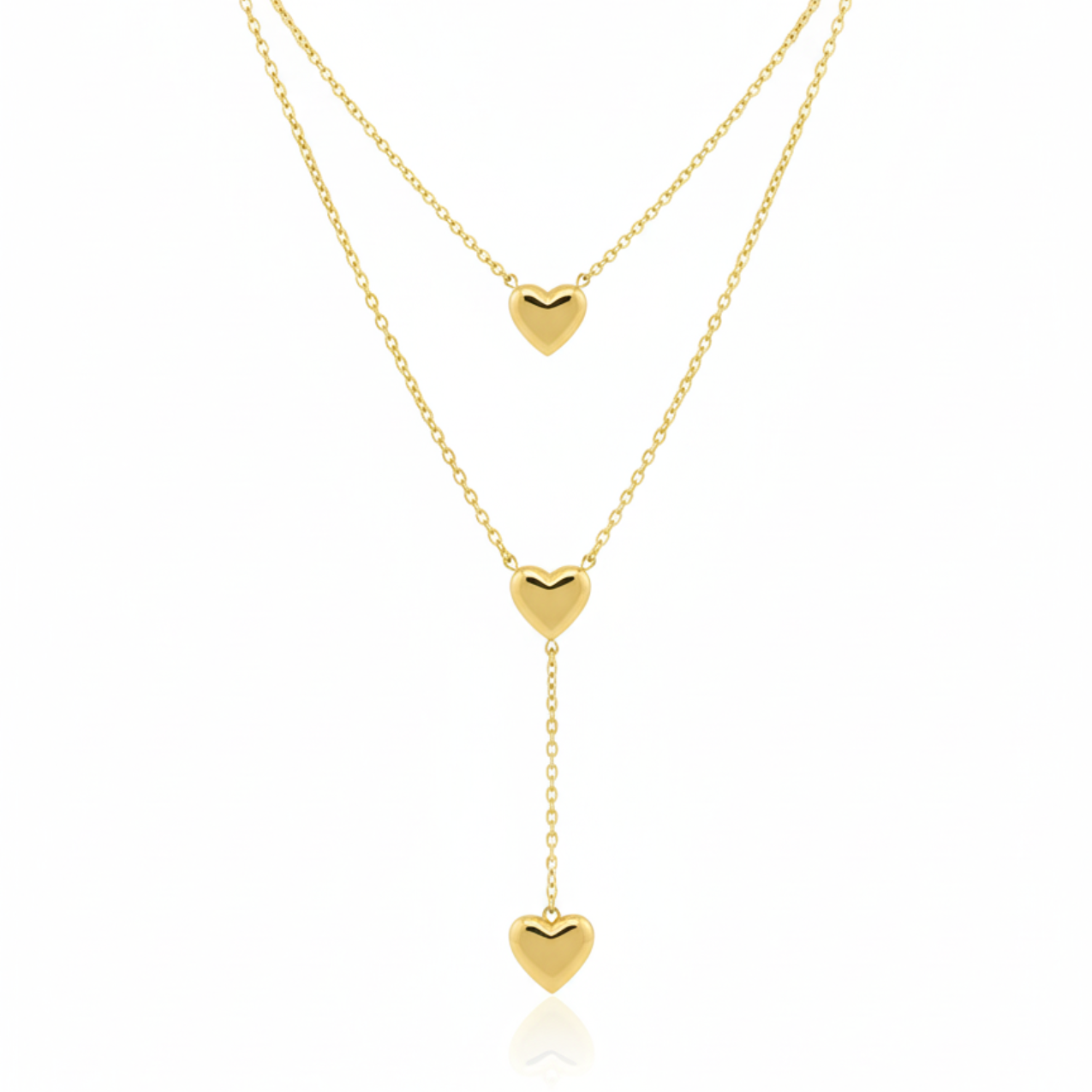 Collar Doble Capa con Corazones Estilo Lariat 100% Acero Bañado en Oro 18K