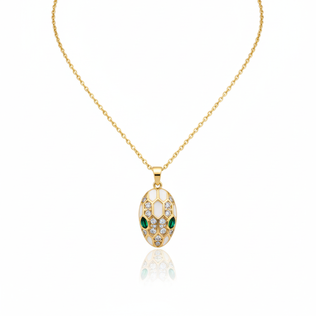 Collier tête de serpent avec zircon cubique et yeux verts, 100 % acier plaqué or 18 carats