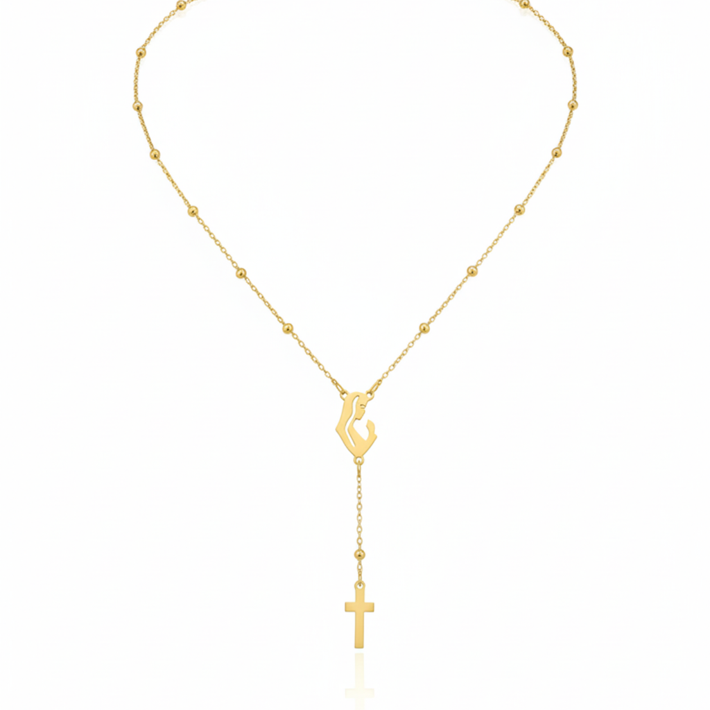 Collier chapelet stylisé avec Vierge et croix, 100 % acier plaqué or 18 carats