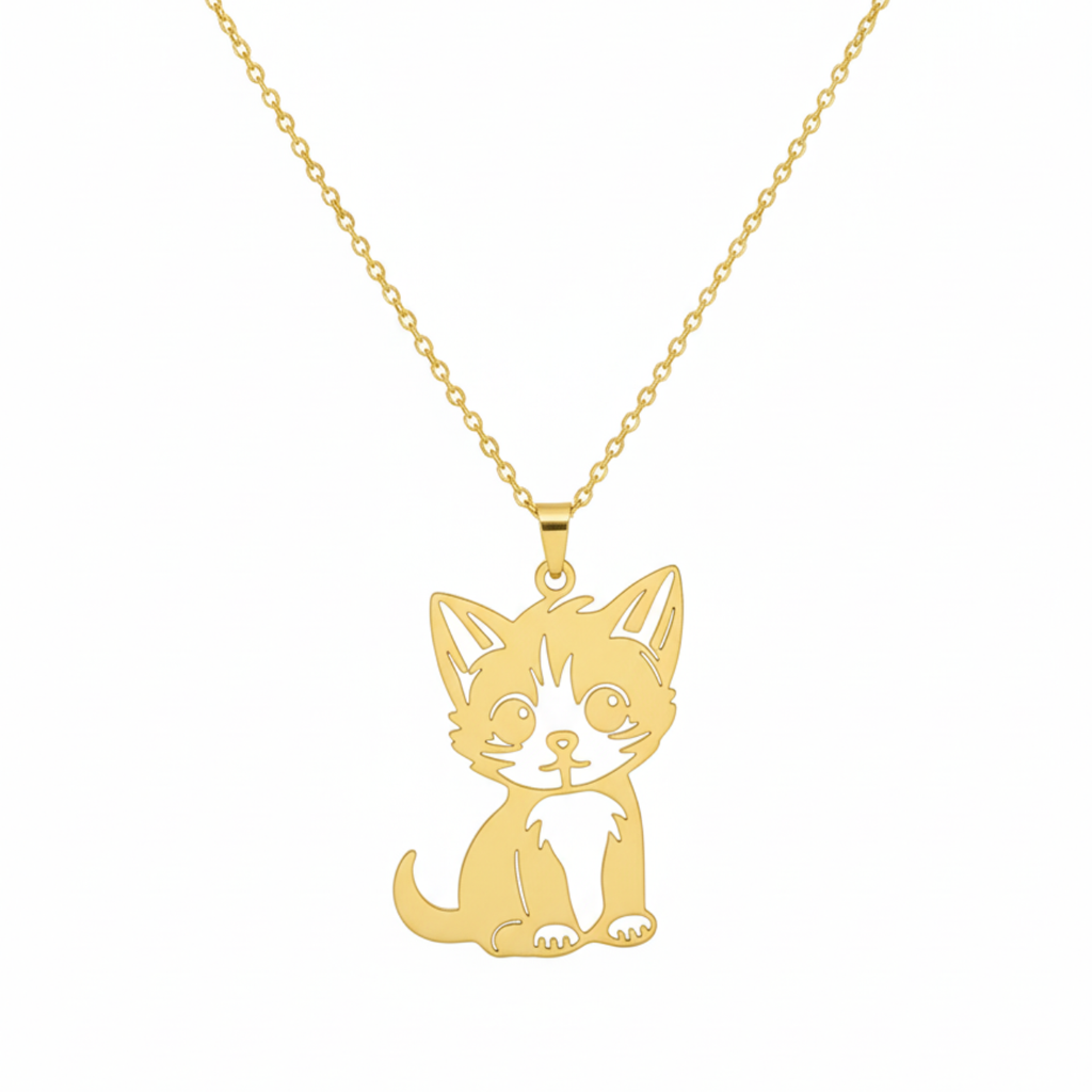 Collar con Colgante de Gato Calado 100% Acero Bañado en Oro 18K