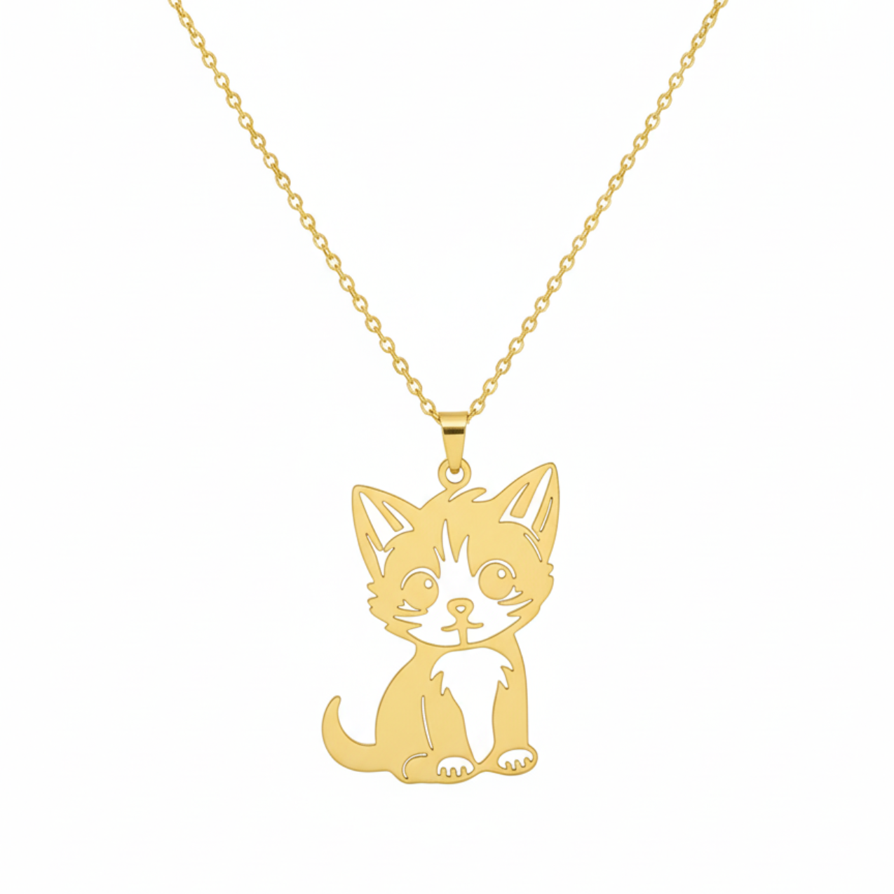 Collar con Colgante de Gato Calado 100% Acero Bañado en Oro 18K