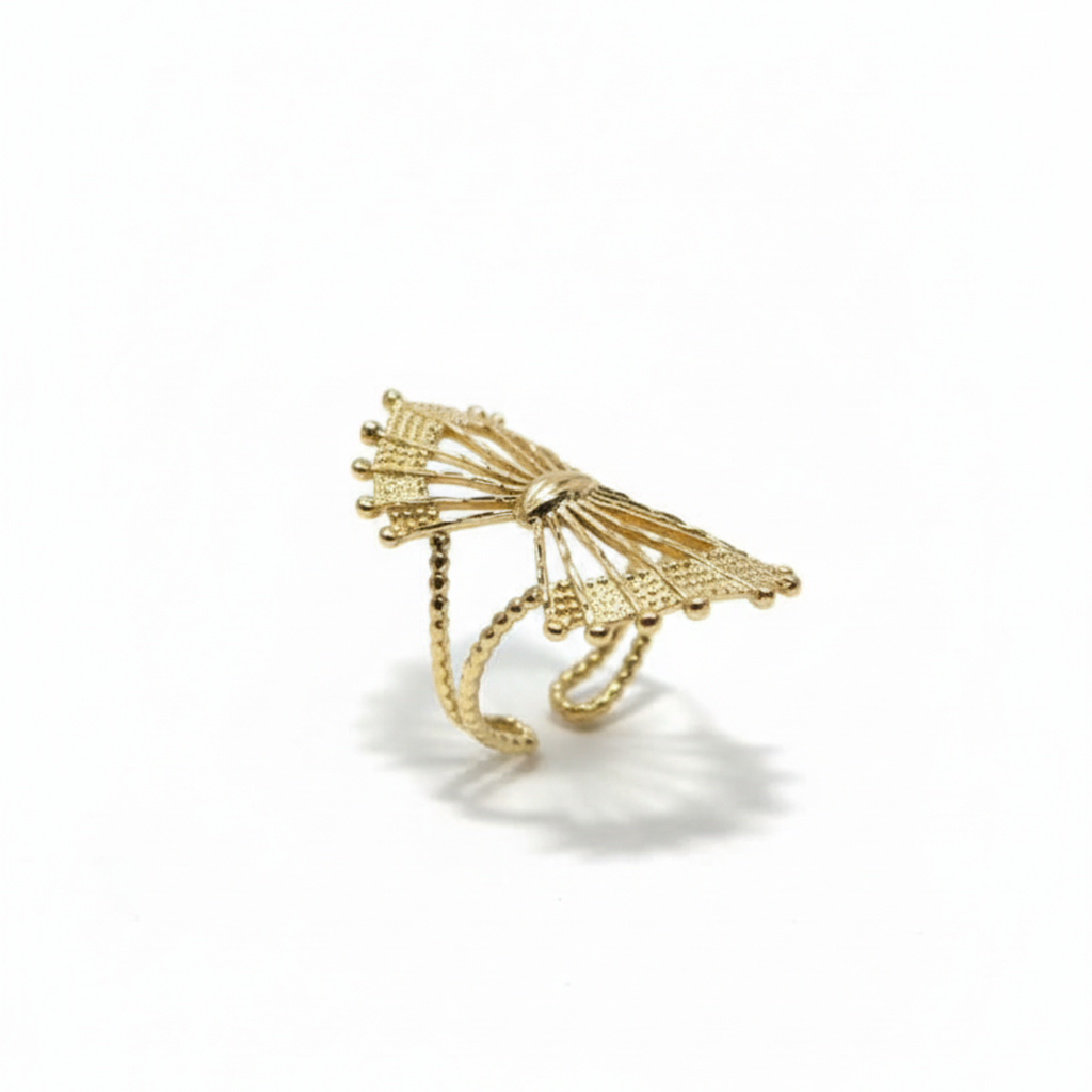 Bague éventail ajourée 100% acier plaqué or 18 carats