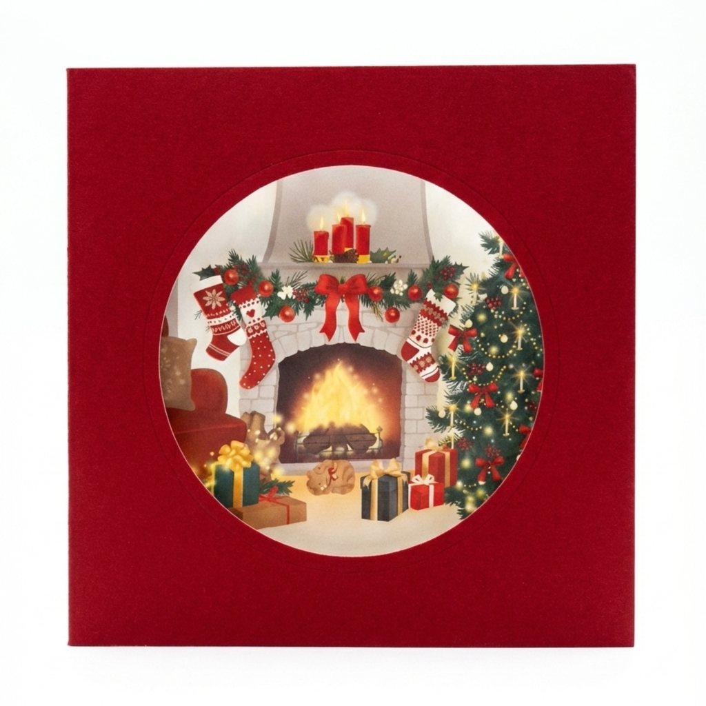 Tarjeta Navideña Escena de Chimenea Acogedora con Ventana Circular (Incluye Sobre)