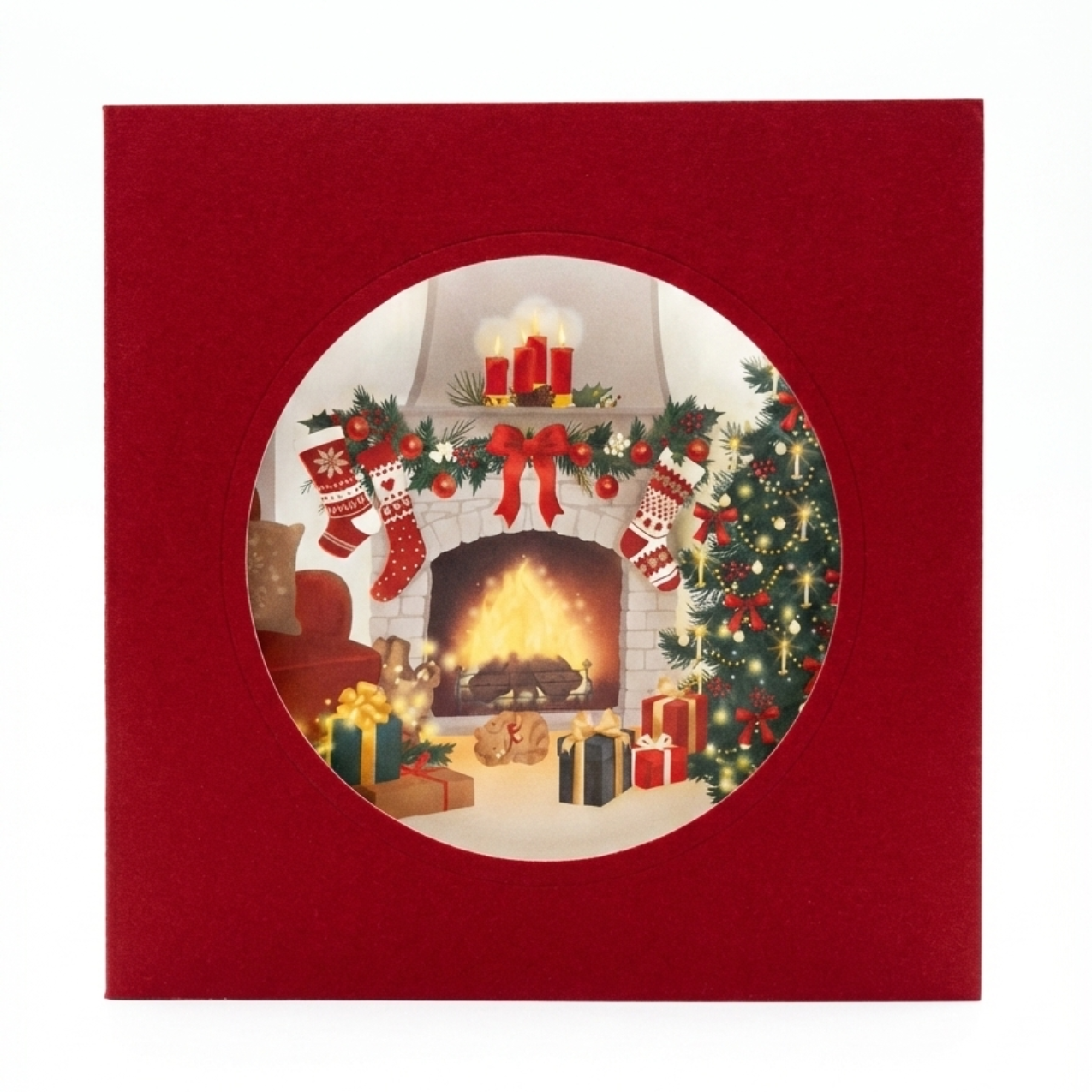 Tarjeta Navideña Escena de Chimenea Acogedora con Ventana Circular (Incluye Sobre)