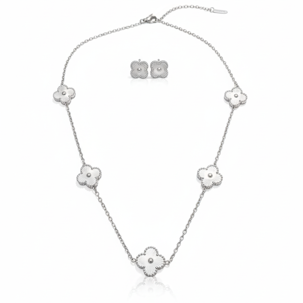 Conjunto Completo de Acero Chapado en Plata con Tréboles de Nácar: Collar, Pendientes, Pulsera y Anillo Ajustable