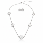 Conjunto Completo de Acero Chapado en Plata con Tréboles de Nácar: Collar, Pendientes, Pulsera y Anillo Ajustable