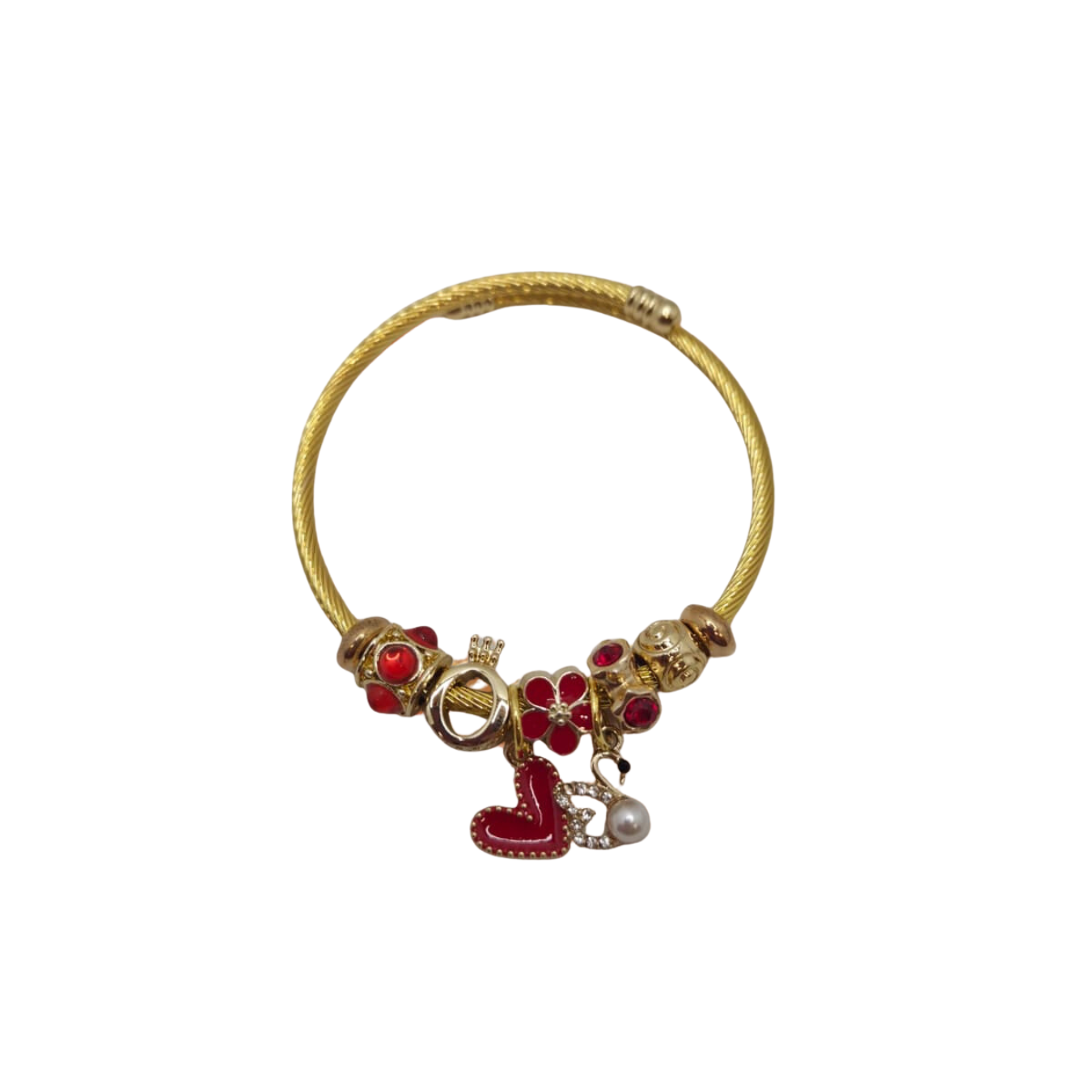Pulsera Tipo Charm de Acero Chapado en Oro con Dijes Rojos y Detalles