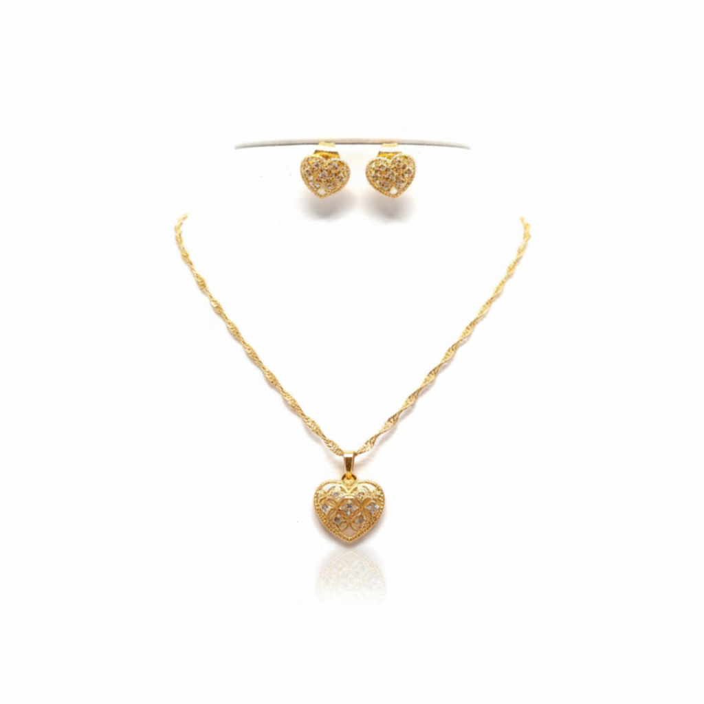 Conjunto Infantil de Joyería Corazón con Circonitas 100% Acero Bañado en Oro 18K
