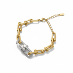 Conjunto de Acero Chapado en Oro 18K con Eslabones y Detalles de Brillantes: Collar, Pendientes y Pulsera