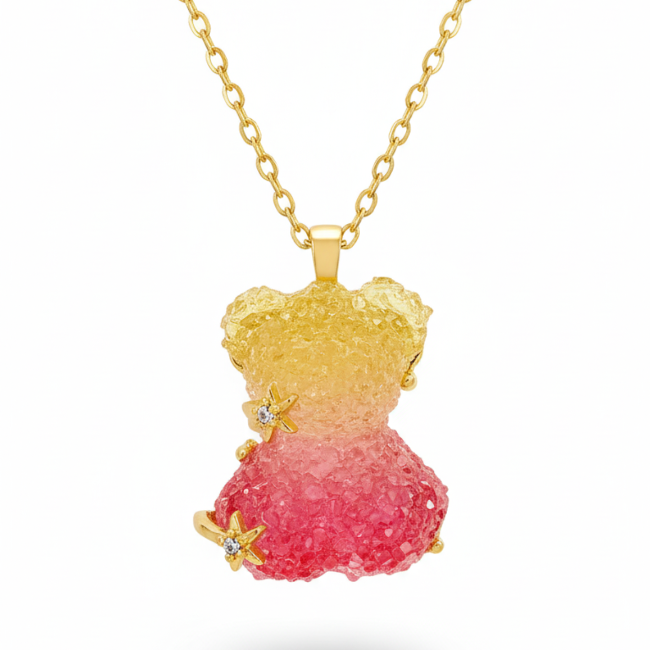 Collar Osito Gominola Vestido Bicolor Glitter con Estrellas - 100% Acero Bañado en Oro 18K