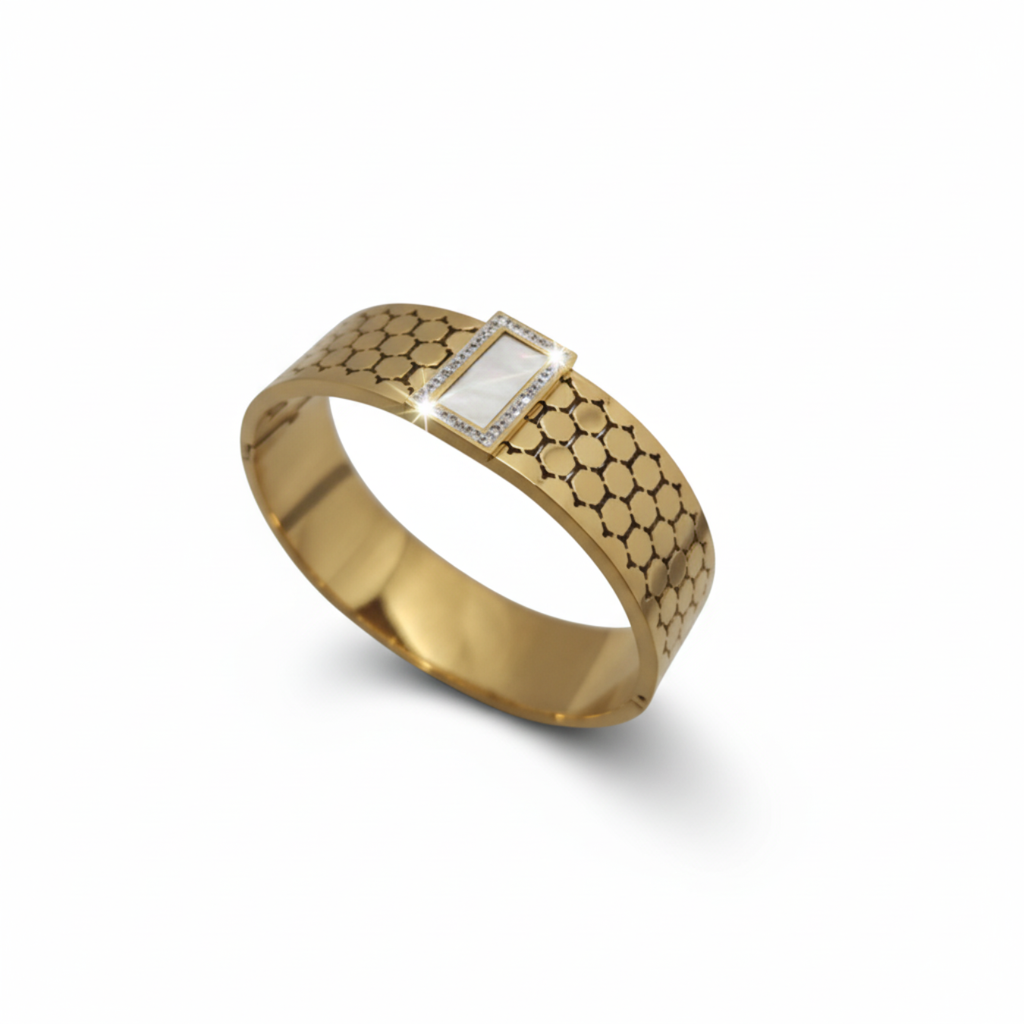 Rigid Bracelet in 18K Gold Plated Steel with Hexagonal Design and Mother of Pearl