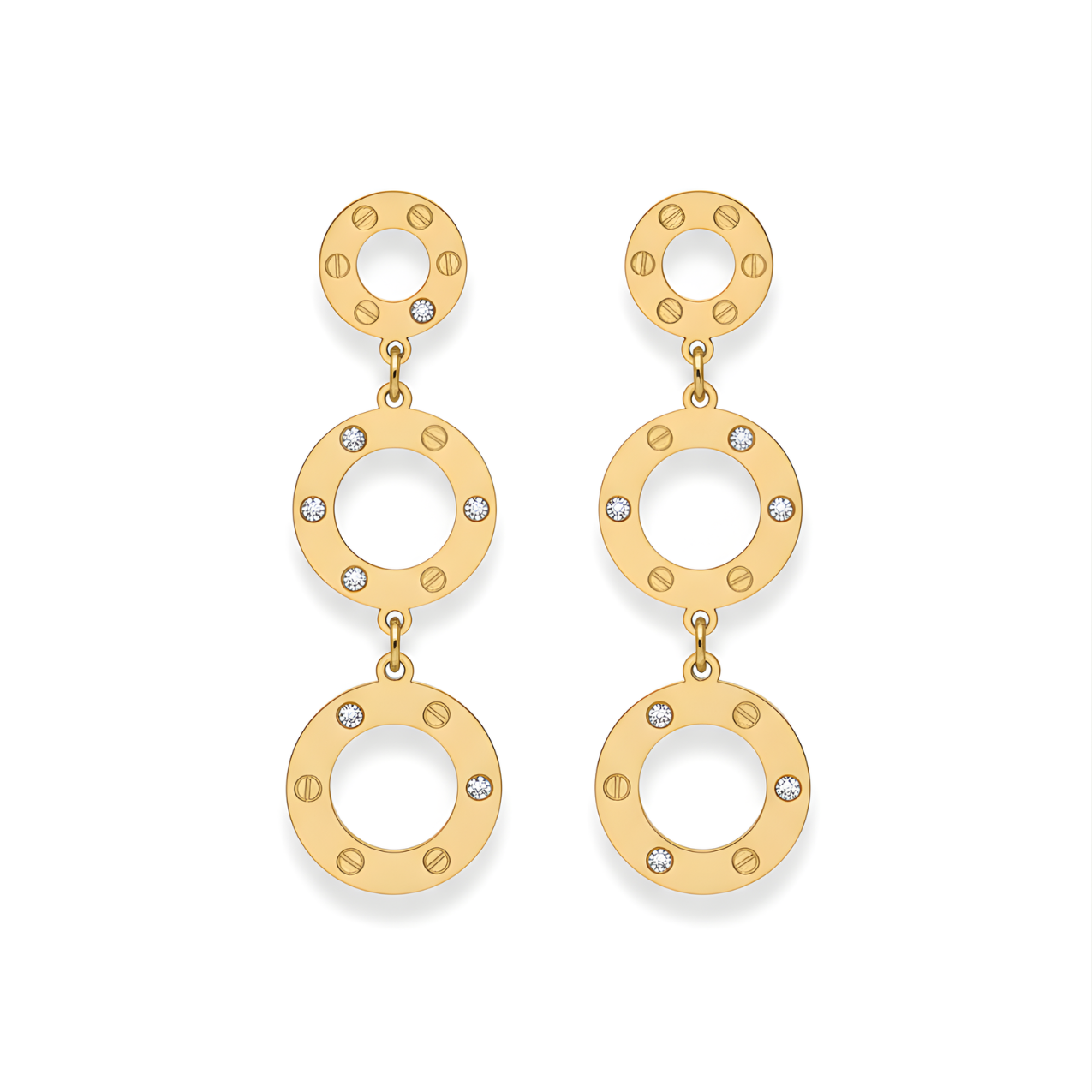 Pendientes Largos de Tres Círculos con Detalles de Tornillo 100% Acero Bañado en Oro 18K